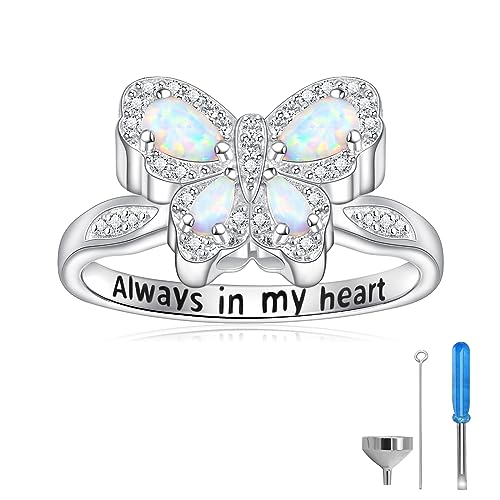 Sariel Opal Butterfly Urn Rings for Ashes of Loved Ones 925 Sterling Silver Cremation Keepake Rings Memorial Jewelry for Women