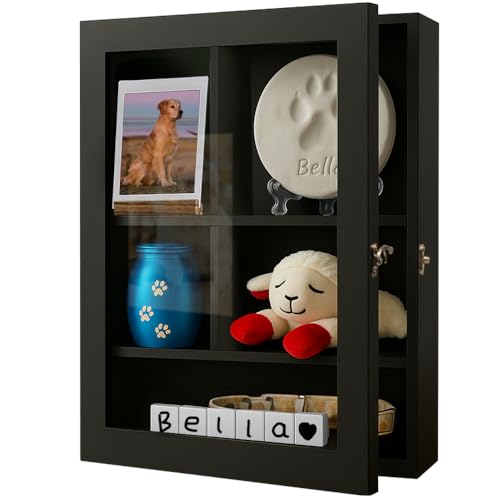 12x16 Inch Solid Wood Pet Memorial Shadow Box Frame with Shelves - color: Black