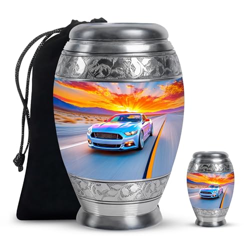 Car Cremation Urns for Ashes for Women - Cloud Decorative Urn for Adult Male and Female - 1 Large 10 Inch Blue Urns for Human Ashes Adult Man, 1 Sunset Small Keepsake Urn for Husband and Wife 3 Inch - color: Car-5, size: combo-1