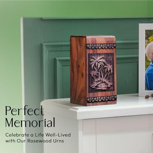Palm Trees - Wooden Urn - Memorial Urns for Mom & Dad - 10X5.5 Inch - 180 Cubic Inches - Burial Urns for Human Ashes - Human Remains Urn - Burial Urns for Male & Female - Large Cremation Urns