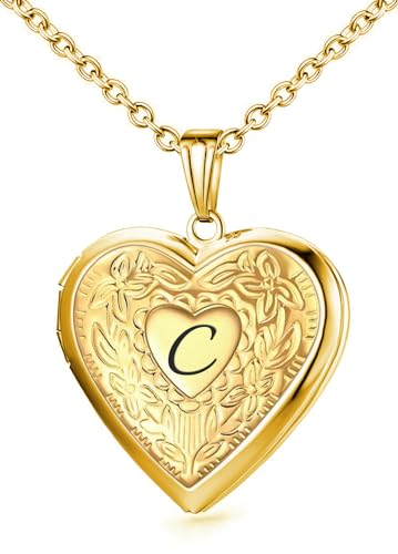 Locket Necklace Holds Pictures Alphabet Initial Letter Love Heart Lockets Photo Memory Locket Necklaces Birthday Gifts - color: Gold, style: C