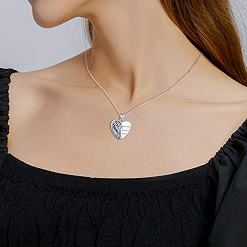 CHENGHONG Heart Pendant Locket Necklace 925 Sterling Silver Personalized Locket Necklace That Holds Pictures Photo Memorial Memory Jewelry Gifts for Women - style: Angel Wings