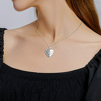 CHENGHONG Heart Pendant Locket Necklace 925 Sterling Silver Personalized Locket Necklace That Holds Pictures Photo Memorial Memory Jewelry Gifts for Women - style: Angel Wings