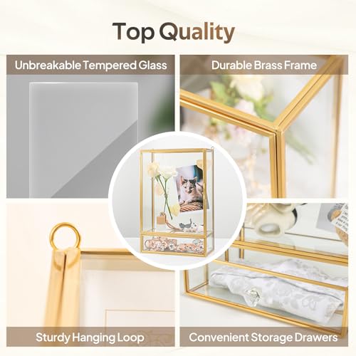 Shadow Box Frame, 3.5" Deep Wedding Shadow Boxes Display Case with Drawer, Glass Gold Shadow Memory Box for Picture, Wedding Bouquet, Pet Memorial and Keepsakes