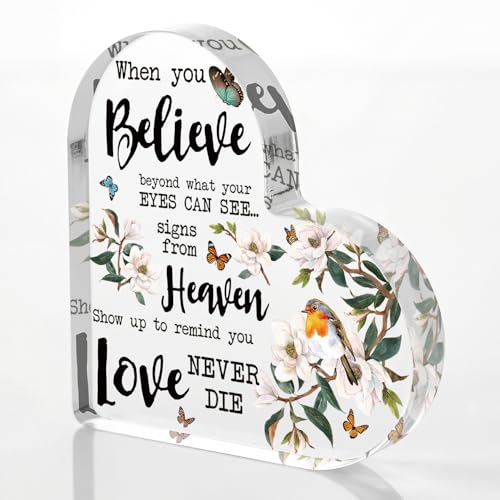 Smile Memorial Acrylic Tabletop Plaque, Heart Shaped Heaven Signs Love Never Dies Themed Decorative Sign with Magnolia Bird Butterfly Elements for Home Decor and Sympathy Gift - style: Memorial