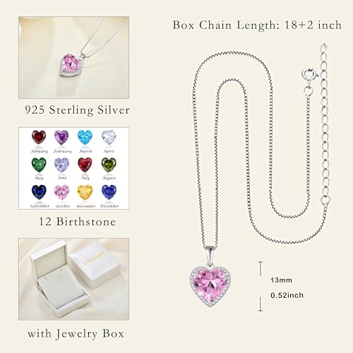 925 Sterling Silver Halo Heart Necklace for Women | Lwsary Love Heart Necklace, Heart Cut Birthstone Jewelry for Her - color: Pink