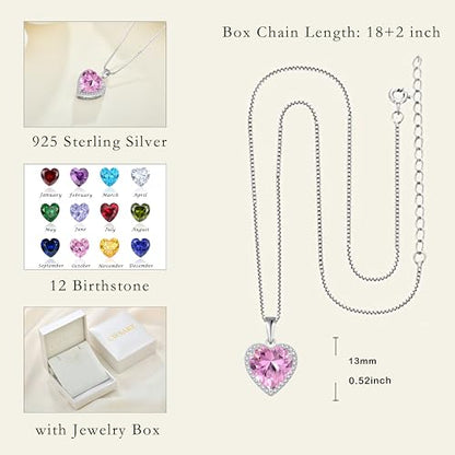 925 Sterling Silver Halo Heart Necklace for Women | Lwsary Love Heart Necklace, Heart Cut Birthstone Jewelry for Her - color: Pink