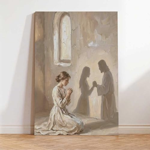 KERAXL Jesus Praying with Woman Canvas Wall Art, He Is With You Christian Painting, Neutral Bible Wall Art Print for Prayer Room Bedroom Frame-style-1 08x12inch(20x30cm) - color: Frame-style-1, size: 12L" x 08W"