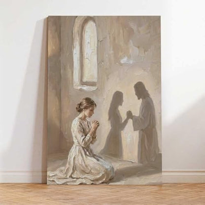 KERAXL Jesus Praying with Woman Canvas Wall Art, He Is With You Christian Painting, Neutral Bible Wall Art Print for Prayer Room Bedroom Frame-style-1 16x24inch(40x60cm) - color: Frame-style-1, size: 24L" x 16W"