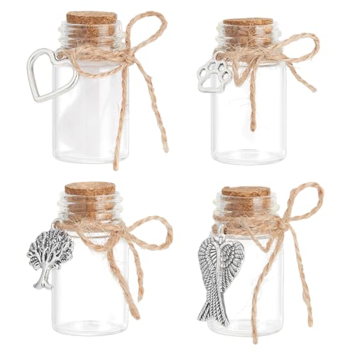 PH PandaHall 4pcs Pet Hair Memorial Bottle, Pet Memorial Urn Glass Vial Clear Cat Dog Hair Keepsake Ashes Holder with Silver Charms for Pet Loss Bereavement Home Decor Sympathy Gift, 1.6inch