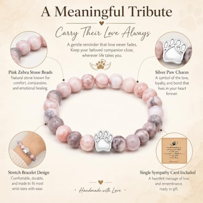 Pink Gray Stone Bead Pet Memorial Bracelet | Paw Print Charm | Dog Cat Loss Rainbow Bridge In Loving Memory Sympathy Gift | Keepsake Jewelry for Dog Mom Cat Mom with Sympathy Card