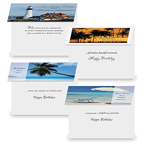 Current Waterside Happy Birthday Greeting Card Set - Value Pack of 20 Cards With White Envelopes, 10 Tropical Beach Lighthouse Designs, Large 5" x 7" Assortment - color: Waterside