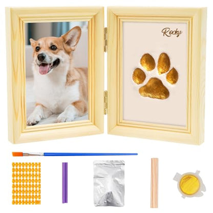 Avont Paw Print Kit, Pet Memorial Keepsake with Frame | Skin-Friendly Air-Dry Clay | Wooden Double-Hinged Frame | DIY Pet Name Stencils | Tabletop & Wall Mount | Natural - color: Natural