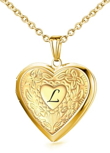 Locket Necklace Holds Pictures Alphabet Initial Letter Love Heart Lockets Photo Memory Locket Necklaces Birthday Gifts - color: Gold, style: L