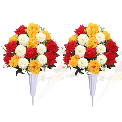 Lodou Set of 2 Artificial Bouquet Grave Memorial Flowers with Vase, Realistic Vibrant Roses,Cemetery Memorial Flowers for Outdoor Tombstone Decorations (Red) - color: Red