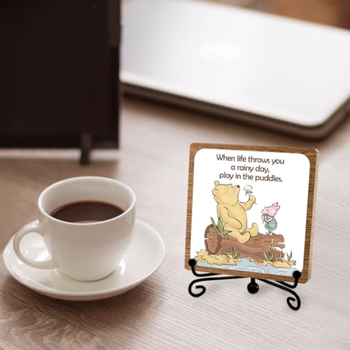 Inspirational Winnie Desk Sign, Positive Affirmation Table Decor, 5″x 5″ | Motivational Gifts for Women, Men, Friends, Coworkers, Positive Office Decorations for Desks, Cubicles, Shelves - style: Play in the puddles