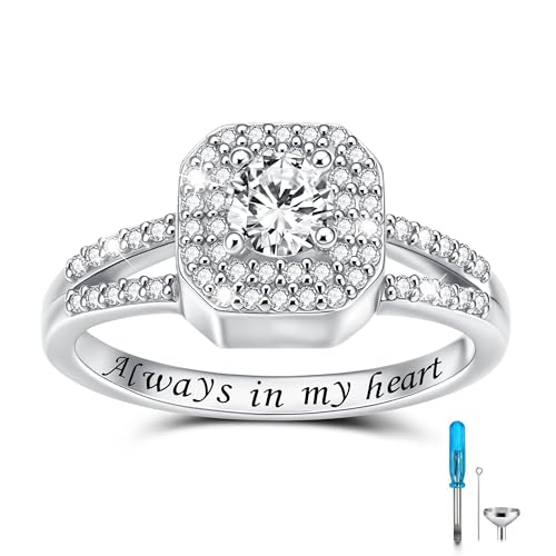 S925 Sterling Silver Urn Rings for Ashes for Women Cremation Jewelry for Ashes with Square Diamond Memorial Keepsake for Loved Ones