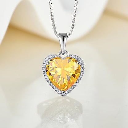 925 Sterling Silver Halo Heart Necklace for Women | Lwsary Love Heart Necklace, Heart Cut Birthstone Jewelry for Her - color: Yellow