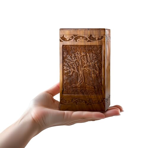 Tree of Life Wooden Keepsake Urn for Human Ashes, 20 cu in, Rosewood | Mini cremation urn for a shared portion of ashes, a cat or a small dog. Carved sheesham, screw-locked base. - color: Rosewood Tree of Life, size: Keepsake (20 lbs)