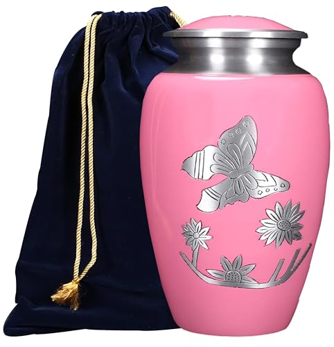 ALPHA Living HOME Cremation Urns for Human Ashes Adult, Handcrafted Aluminum Memorial Urn, Butterfly Engraving, Velvet Carry Bag, Secure Screw Lid Funeral Burial Urn for Adult Male Female, Pink Silver - color: Pink/Silver, size: Hand Engraved