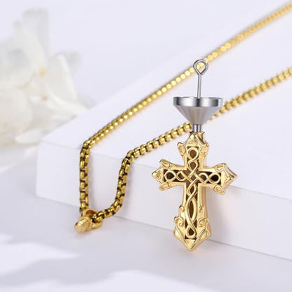 925 Sterling Silver Celtic Cross Urn Necklace for Ashes | Memorial Keepsake Cremation Catholic Jewelry for Men Women - color: gold-e