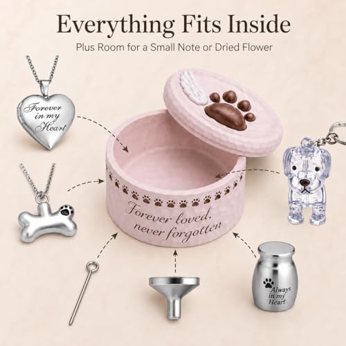 Pet Memorial Gift Set for Loss of Dog Cat | Resin Paw Print Box, Stainless Steel Cremation Urn, Waterproof Ashes Necklace (Bone&Heart), Pet Hair Keychain sympathy gift