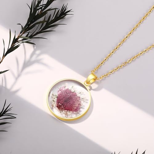 AUNTESIGN Forget-Me-Not and Queen Anne's Lace Pressed Wildflower Necklace | Birth Month Flowers Necklace | Gold/Silver Pressed Flower Jewelry | Mother's Day | Gift For Her - color: Carnation Necklace