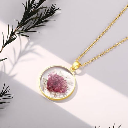 AUNTESIGN Forget-Me-Not and Queen Anne's Lace Pressed Wildflower Necklace | Birth Month Flowers Necklace | Gold/Silver Pressed Flower Jewelry | Mother's Day | Gift For Her - color: Carnation Necklace