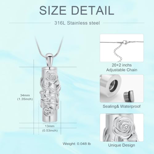 Cylinder Urn Necklace for Ashes Roseflower Cremation Jewelry Urn Ashes Necklace for Women Men Memorial Keepsake Necklace of Loved One - color: Silver