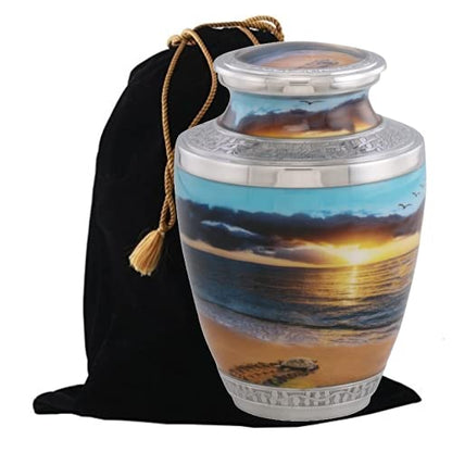 Sunset Cremation Urn, Handcrafted Metal Urn for Human Ashes, Adult Cremation Urn with Velvet Bag