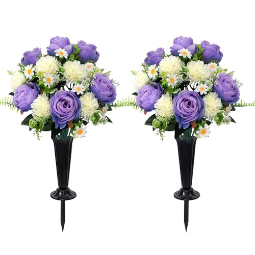 Wocst Cemetery Flowers for Graves 2PCS Grave Roses Silks Bouquets with Vases for Outdoor Grave Decorations Weatherproof,NO-Fading - color: Purple
