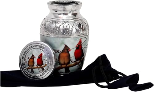 HLC Beautiful Small Cardinal Couple Bird Keepsake Urn - Memorial for Human Ashes with Velvet Box Bag - Peaceful Engraved Mini Affordable Urn (4.5 in) (Large) - size: Mini