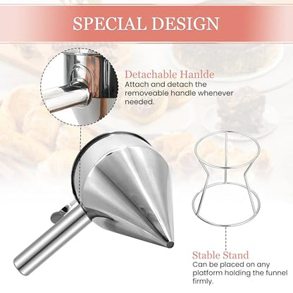 Piston Funnel with Stand - Stainless Steel Confectionery Funnel for Batter Dispensing & Bakery Use - Precise Cake Decorating Tool - Perfect for Pouring Sauces, Chocolate & Fillings | Silver