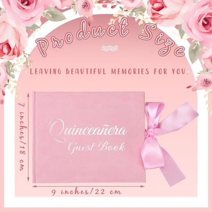 Panelee Velvet Quinceañera Guest Book with Pen Pink Sign in Log with Bow 15 Year Anos Quince Book 144 Page Signature Guest Sign in Keepsake Album for Birthday Party Keepsake Gift - color: Pink