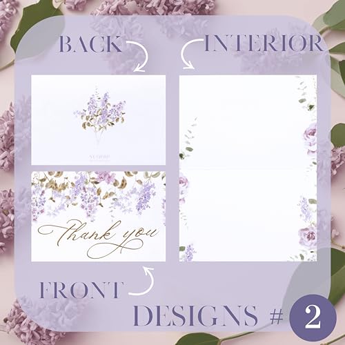 NUOERP Blank Thank You Cards With Envelopes, 30 Pack - 2 Elegant Floral Designs Foil Wedding Thank You Cards With Envelopes - For Baby Shower Card, Birthday Card, Bridal Shower Card, Wedding Card, Flower Card - Blank Inside - color: Purple Floral Gold Foi
