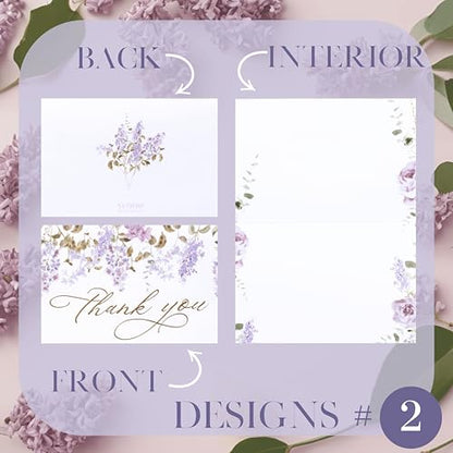 NUOERP Blank Thank You Cards With Envelopes, 30 Pack - 2 Elegant Floral Designs Foil Wedding Thank You Cards With Envelopes - For Baby Shower Card, Birthday Card, Bridal Shower Card, Wedding Card, Flower Card - Blank Inside - color: Purple Floral Gold Foi