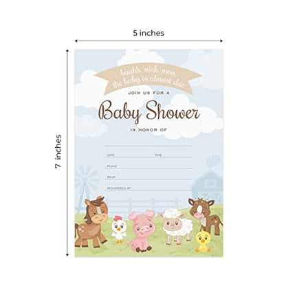 Canopy Street Barnyard Baby Shower Invites / 25 Cards With White Envelopes / 5" x 7" Farm Animal Invitations/Fill In Gender Neutral Country Baby Cards/Made In The USA - color: Barnyard
