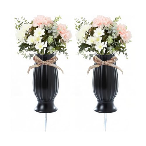 2 Pcs Cemetery Vases with Spikes Flower Holder for Cemetery Grave Vases for Cemetery with Stake (Black) - color: Black