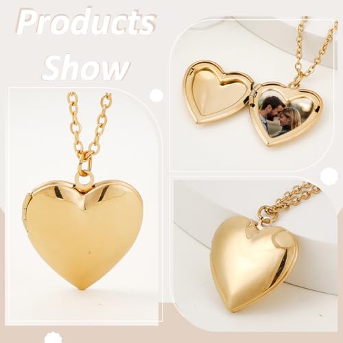 PLIGREAT 3 Colors Heart Photo Locket Necklace for Women, Stainless Steel Pendant Holds Pictures Golden Heart Open Locket Necklaces 17.7 Inch Chain Memorial Pendant Gift