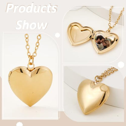 PLIGREAT 3 Colors Heart Photo Locket Necklace for Women, Stainless Steel Pendant Holds Pictures Golden Heart Open Locket Necklaces 17.7 Inch Chain Memorial Pendant Gift