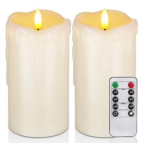 Homemory Dripping Wax Flameless Candles, Battery Operated Candles with Remote Control and Timers, LED Pillar Candles, Electric Fake Candles, 3" x 6", Set of 2 - color: Ivory Wax, size: D3"xH6"6"