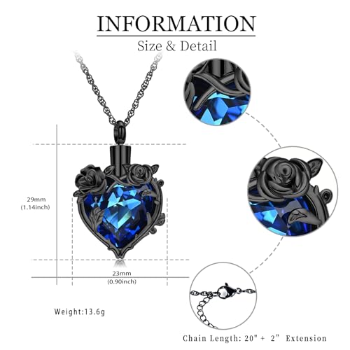 shajwo Cremation Jewelry Rose Flower Heart Urn Necklaces for Ashes for Women Memorial Human Ashes Pendant - color: Black-Blue