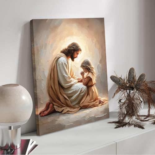 Jesus Praying with Girl Wall Art Canvas Poster Print, 8x10in - color: Jesus04, size: 8"L x 10"W