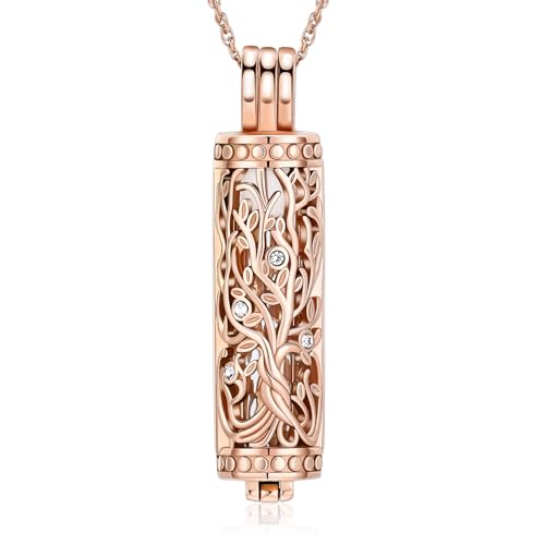 Tree of Life Urn Necklace for Women Men Cylinder Bar Memorial Ash Pendant | Tree of Life Cremation Jewelry,Stainless Steel Keepsakes Necklaces,Vial Ashes Pendant - color: Rosegold