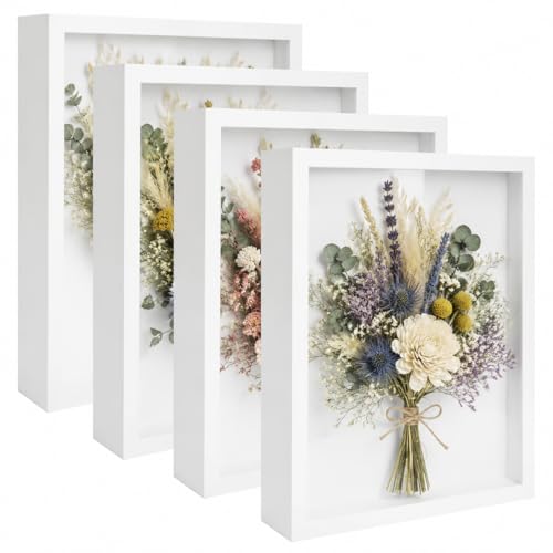 4 Pack Shadow Box Frame Display Cases, 8"x 10" Wood Deep Black Handicrafts Shadowbox Picture Frame for Flowers Jersey Baby Wedding Dress（White） - color: White, size: 8X10