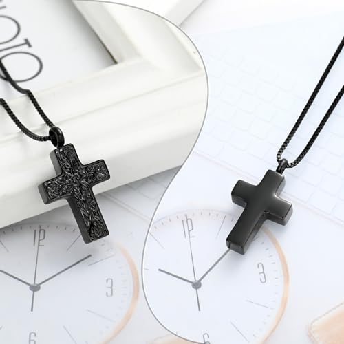 XSMZB Cross Urn Necklace for Ashes for Women Men Tree of Life Cross Cremation Jewelry Keepsake Pendant for Ashes of Loved One - color: Black
