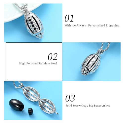 Oinsi American Football Cremation Locket Necklace For Ashes Of Loved Ones Stainless Steel Memorial Urn Jewelry Women Men Keepsake Fashion Necklace - color: Silver-Black