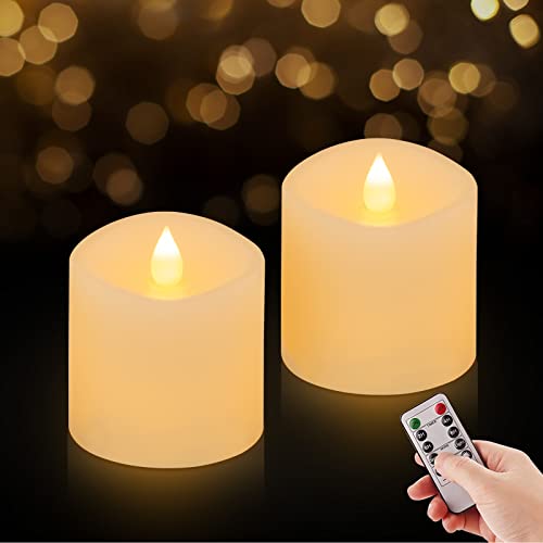 3x3 Flickering Flameless Candles Set of 2, 2AA Battery Life 600 Hours Battery Candles Flickering with Timer,3 inch Flameless Candles with Remote for Indoor/Outdoor, Ivory - color: Ivory, size: 3"x3" - 2 Pack