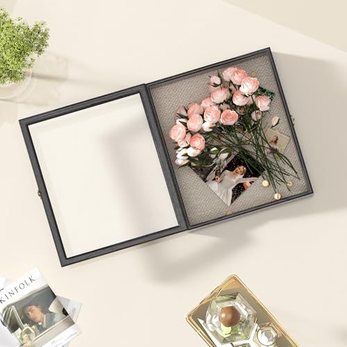 11x13 Shadow Box Frame with Acrylic Glass, Deep Large Shadow Boxes Display Cases for Tabletop and Wall Display, Memory Box for Keepsakes, Shadow Box for Flowers, Black with Linen Back - size: 11x13 in