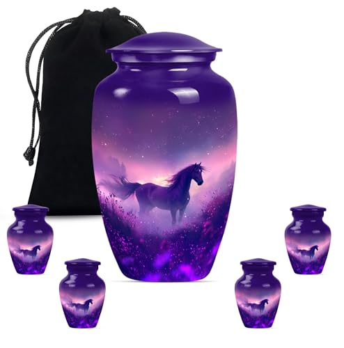 Horse Urn for Ashes - Large 10 Inch Cremation Urns for Human Ashes Adult Male - Companion Urns for Men - Funeral Urn for Adult Women - Decorative Ash Holders - 10" & 3" Pack of 5 - color: Purple Horse, size: 10 inch (1 piece) & 3 inch (4 pieces)